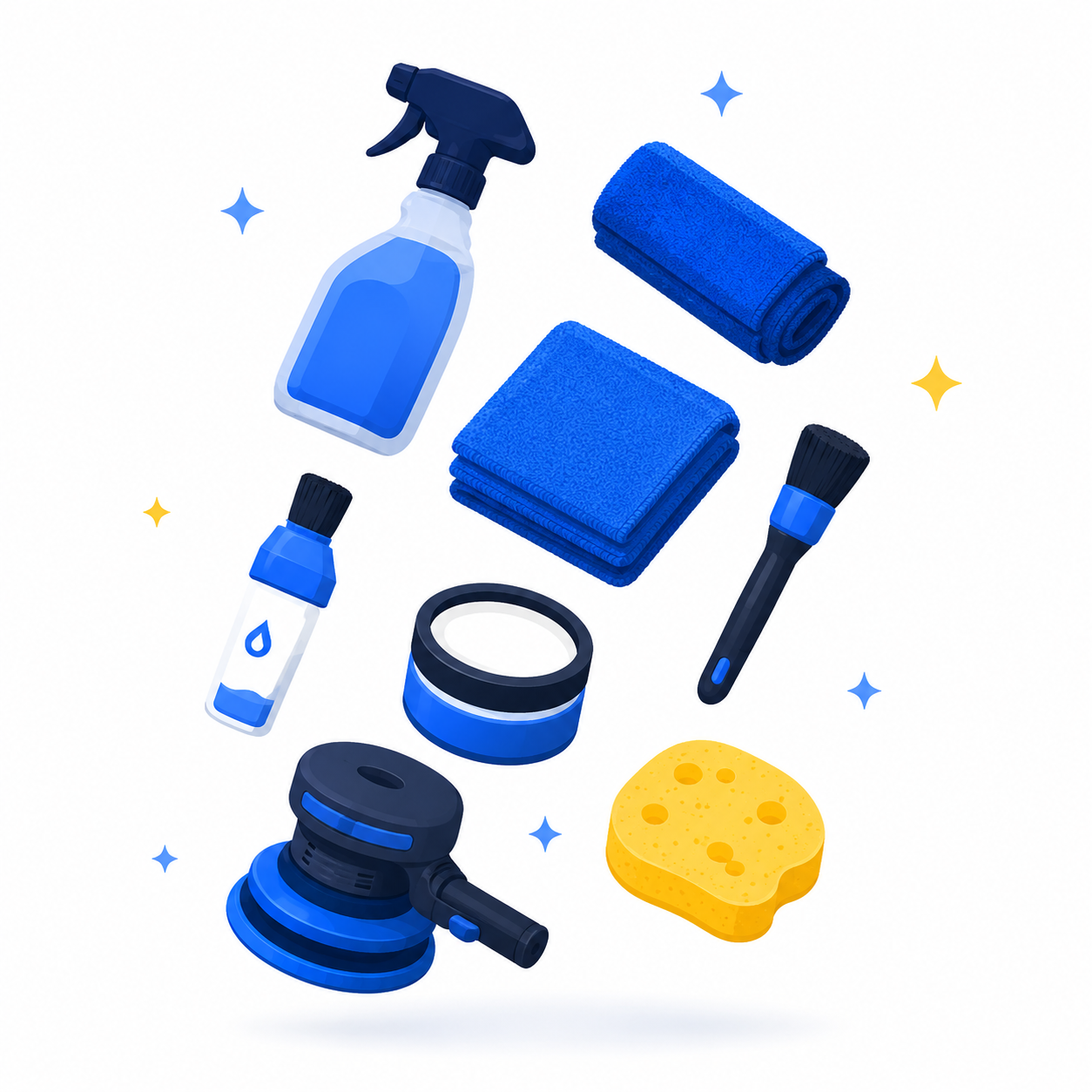Illustrated car detailing kit: spray bottle, microfiber towels, polisher, brushes, and a sponge